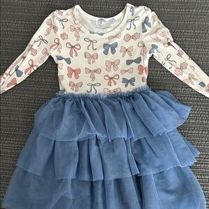 Posh Peanut Bow Print Dress with Blue Tulle Skirt